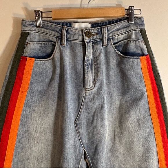 ONE TEASPOON Sz 26 Denim Midi Skirt with Colourful Accent Stripes Slit Raw Hem - Picture 2 of 13